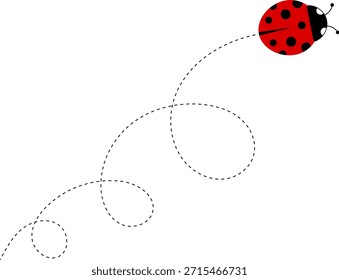 Lindo icono de dibujos animados de mariquita. colección de personajes de mariquita. Linda mariquita con camino punteado. Mariquitas volando en ruta punteada. Grupo de insectos. Ilustración vectorial aislada en blanco.