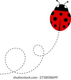 Lindo icono de dibujos animados de mariquita. colección de personajes de mariquita. Linda mariquita con camino punteado. Mariquitas volando en ruta punteada. Grupo de insectos. Ilustración vectorial aislada en blanco.