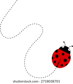 Lindo icono de dibujos animados de mariquita. colección de personajes de mariquita. Linda mariquita con camino punteado. Mariquitas volando en ruta punteada. Grupo de insectos. Ilustración vectorial aislada en blanco.