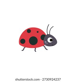 Linda ilustración de dibujos animados de mariquita en estilo de Vector plano. Adorable mariquita roja aislada sobre fondo blanco, perfecto para diseños de niños, temas de primavera, pegatinas y proyectos educativos.