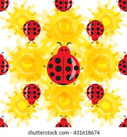 Cute ladybug cartoon seamless pattern. Bright colorful summer background