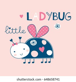 cute ladybug cartoon vector illustration, T-shirt design for kids 