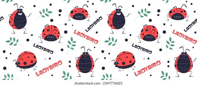 Cute ladybug Charakter. Nahtloser Hintergrund. Cartoon kleines Ladybug Maskottchen. Das Bild der lustigen Kinder. Vektorgrafik auf weißem, isoliertem Hintergrund.