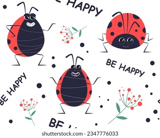 Cute ladybug character. Seamless background. Cartoon little ladybug mascot. Funny children's drawing. Vector drawing on a white isolated background.