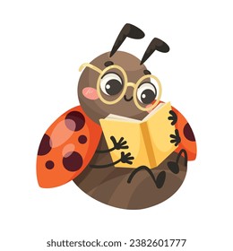 Cute Ladybug Character with Spotted Wings Reading Book Vector Illustration