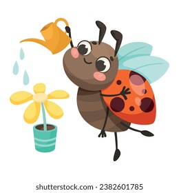 Cute Ladybug Character with Spotted Wings Watering Flower in Pot Vector Illustration