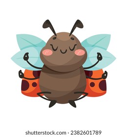 Cute Ladybug Character with Spotted Wings Meditating Vector Illustration