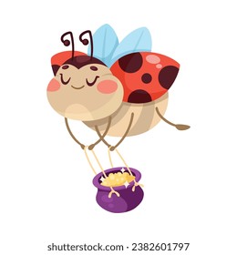 Cute Ladybug Character with Spotted Wings Carry Pot Vector Illustration