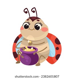 Cute Ladybug Character with Spotted Wings Sitting with Pot Vector Illustration