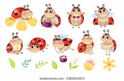 Cute Ladybug Character with Spotted Wings Vector Set