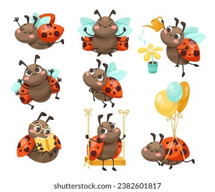 Cute Ladybug Character with Spotted Wings Vector Set