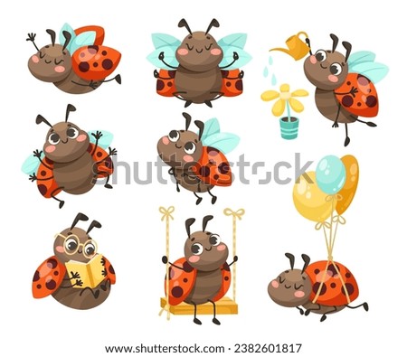 Cute Ladybug Character with Spotted Wings Vector Set