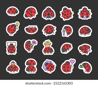 Cute ladybug character. Sticker Bookmark. Charming kawaii insect. Hand drawn style. Vector drawing. Collection of design elements.