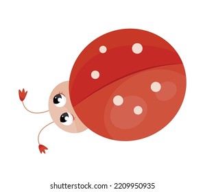 Cute ladybug character. Top view of red insect with white dots on its back. Graphic element for printing on fabric. Nature and biology, environment and fauna. Cartoon flat vector illustration