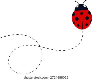 Cute ladybug characters collection. Flying cartoon ladybug with dotted path. Ladybugs flying on dotted route. ladybug icon set. Insects group. Vector illustration isolated on white.