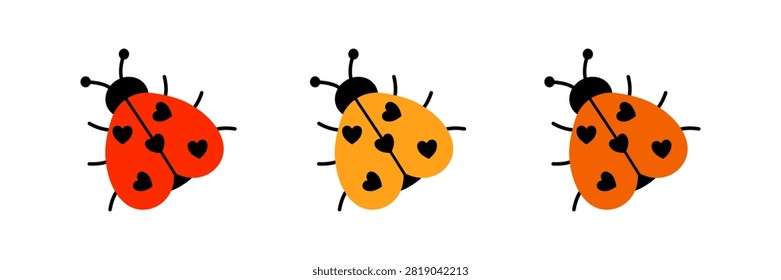 Cute ladybug collection in flat vector style. Colorful ladybugs insects with heart shaped spots on white background. Romantic bugs with hearts. 