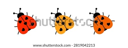 Cute ladybug collection in flat vector style. Colorful ladybugs insects with heart shaped spots on white background. Romantic bugs with hearts. 