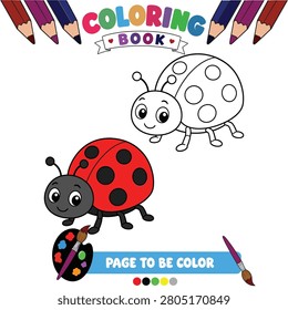 Cute Ladybug Coloring Book Page with Black and White Outline, Colored Example, and Kids Art Activity