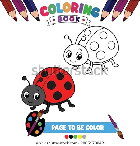 Cute Ladybug Coloring Book Page with Black and White Outline, Colored Example, and Kids Art Activity