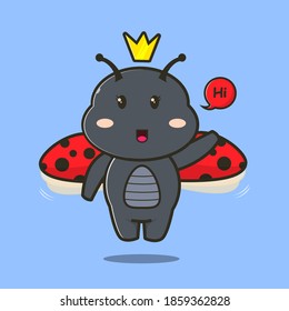 cute ladybug with a crown say hi. cute ladybug logo mascot design. ladybug concept animal flat logo design 