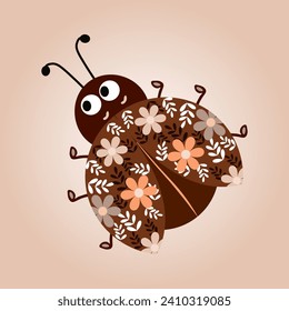 Cute ladybug decorated with small flowers and leaves. Children's card, print, vector