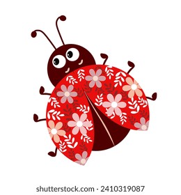 Una mariquita linda decorada con flores y hojas pequeñas. Tarjeta infantil, impresión, vector
