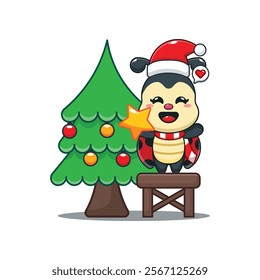 Cute ladybug decorating the Christmas tree on Christmas day. 
Cartoon vector illustration in Christmas day.