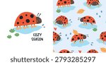 Cute ladybug design with seamless pattern. Cozy autumn season illustration with rainy drops, leaves and ladybird for kids textile and nursery decor.