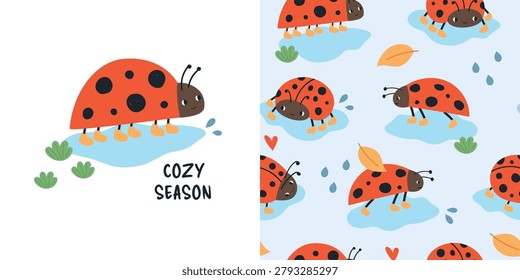 Cute ladybug design with seamless pattern. Cozy autumn season illustration with rainy drops, leaves and ladybird for kids textile and nursery decor.