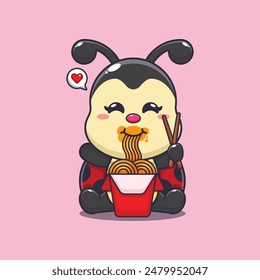 Cute ladybug eating noodle cartoon vector illustration. Vector cartoon Illustration suitable for poster, brochure, web, mascot, sticker, logo and icon.