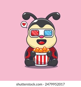 Cute ladybug eating popcorn and watch 3d movie cartoon vector illustration. Vector cartoon Illustration suitable for poster, brochure, web, mascot, sticker, logo and icon.