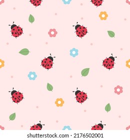 Cute ladybug with flower, leaves seamless pattern on a red background. Vector illustration.