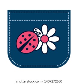 Cute ladybug and flower on jeans pocket. Vector