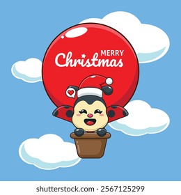 Cute ladybug fly with air balloon in Christmas day. 
Cartoon vector illustration in Christmas day.