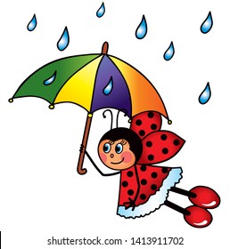 Cute ladybug is flying in the sky with umbrella. Colored vector for card or gift.