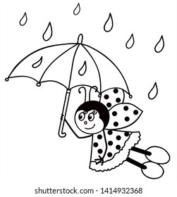 Cute ladybug is flying in the sky with umbrella. Black and white vector for card or gift, for coloring.