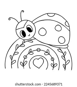 Bicho de liga. Pequeño insecto gracioso en arco iris. Ilustración vectorial. Dibujo de esquema. personaje de doodle ladybird