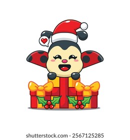 Cute ladybug is happy to receive a Christmas gift cartoon vector illustration. 
Cartoon vector illustration in Christmas day.