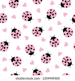 Cute Ladybug and hearts Seamless Pattern Background Vector Illustration