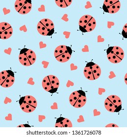 Cute Ladybug and hearts Seamless Pattern Background Vector Illustration