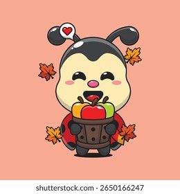 Cute ladybug holding a apple in wood bucket in autumn day cartoon vector illustration