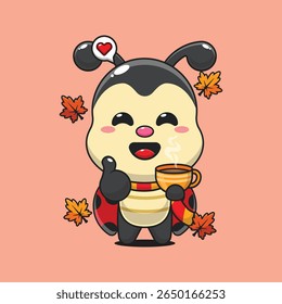 Joaninha bonito segurando uma xícara de café no dia de outono desenho animado vetor ilustração