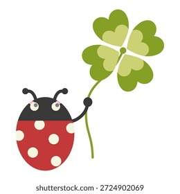 Netter Marienkäfer, der ein vierblättriges Kleeblatt hält Clipart.Lucky magische Pflanze.Einfaches flaches Design.Symbol des traditionellen Glücks Charme.Nettes grünes Shamrock vier Blatt. Irische keltische Folklore. Natur Wiese Grasland. Illustration Vektor.Handgezeichnet.Menschliches Design für Saison, Urlaub, Sommer, Frühling, Tapete, positives Vermögen oder Glauben, Hoffnung, Liebe und Glück, Element Dekoration, Druckprodukt.