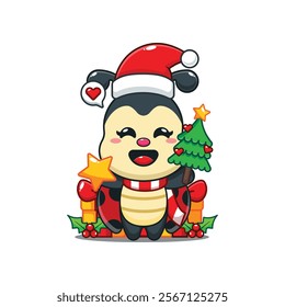 Cute ladybug holding star and christmas tree cartoon vector illustration. 
Cartoon vector illustration in Christmas day.