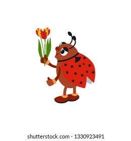 Cute ladybug holding a tulips. Vector illustration in cartoon style for presents, invitation,holiday interior design.