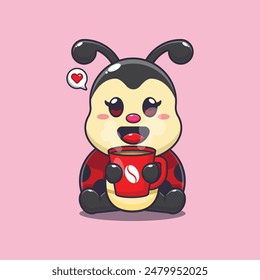 Cute ladybug with hot coffee cartoon vector illustration. Vector cartoon Illustration suitable for poster, brochure, web, mascot, sticker, logo and icon.