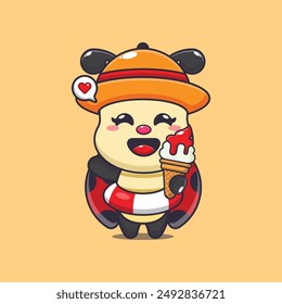 Cute ladybug with ice cream on beach cartoon illustration. Cute summer cartoon illustration. Vector cartoon Illustration suitable for poster, brochure, web, mascot, sticker, logo and icon.