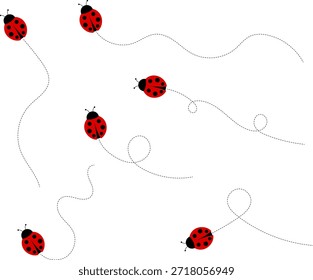 Lindo conjunto de iconos de mariquita. colección de personajes de mariquita. Mariquita de dibujos animados volando con el camino punteado. Mariquitas volando en ruta punteada. Grupo de insectos. Ilustración vectorial aislada en blanco.