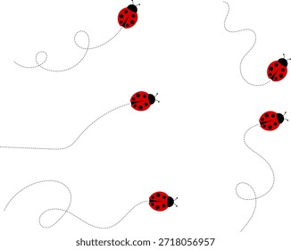 Lindo conjunto de iconos de mariquita. colección de personajes de mariquita. Mariquita de dibujos animados volando con el camino punteado. Mariquitas volando en ruta punteada. Grupo de insectos. Ilustración vectorial aislada en blanco.