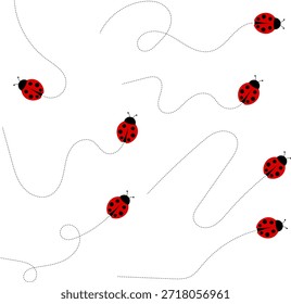 Lindo conjunto de iconos de mariquita. colección de personajes de mariquita. Mariquita de dibujos animados volando con el camino punteado. Mariquitas volando en ruta punteada. Grupo de insectos. Ilustración vectorial aislada en blanco.